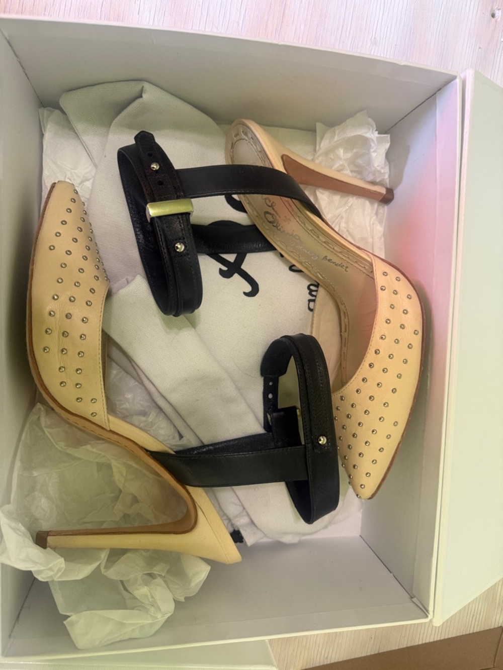Alice and Olivia Nude Studded Pointed Pumps with Black Ankle Straps